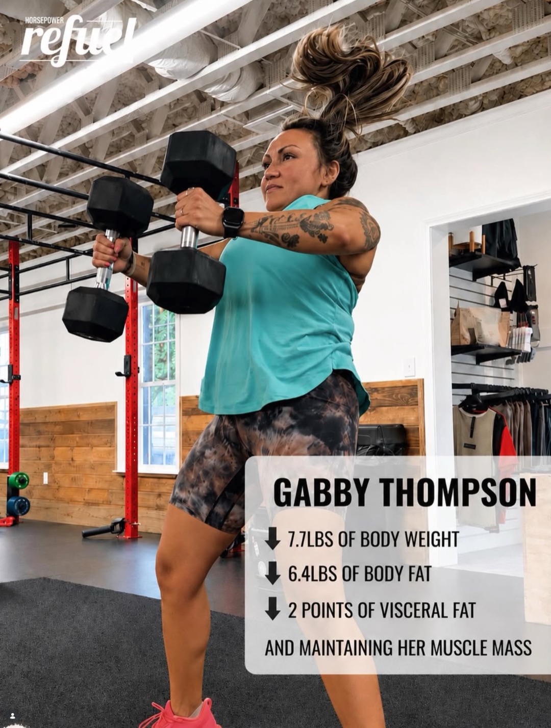 Gabby Thompson training at Horsepower &mdash; 7.7lbs of body weight down, 6.4lbs of body fat down, muscle mass maintained.