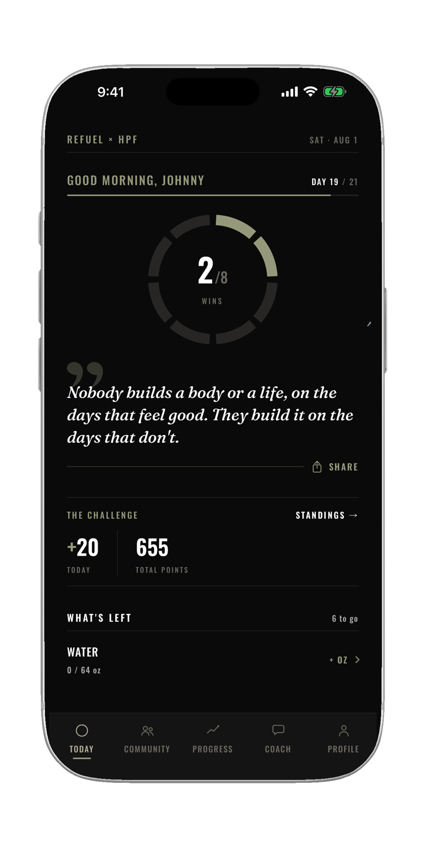 The Refuel app home screen — the day's weigh-in, lesson, and progress in one place.