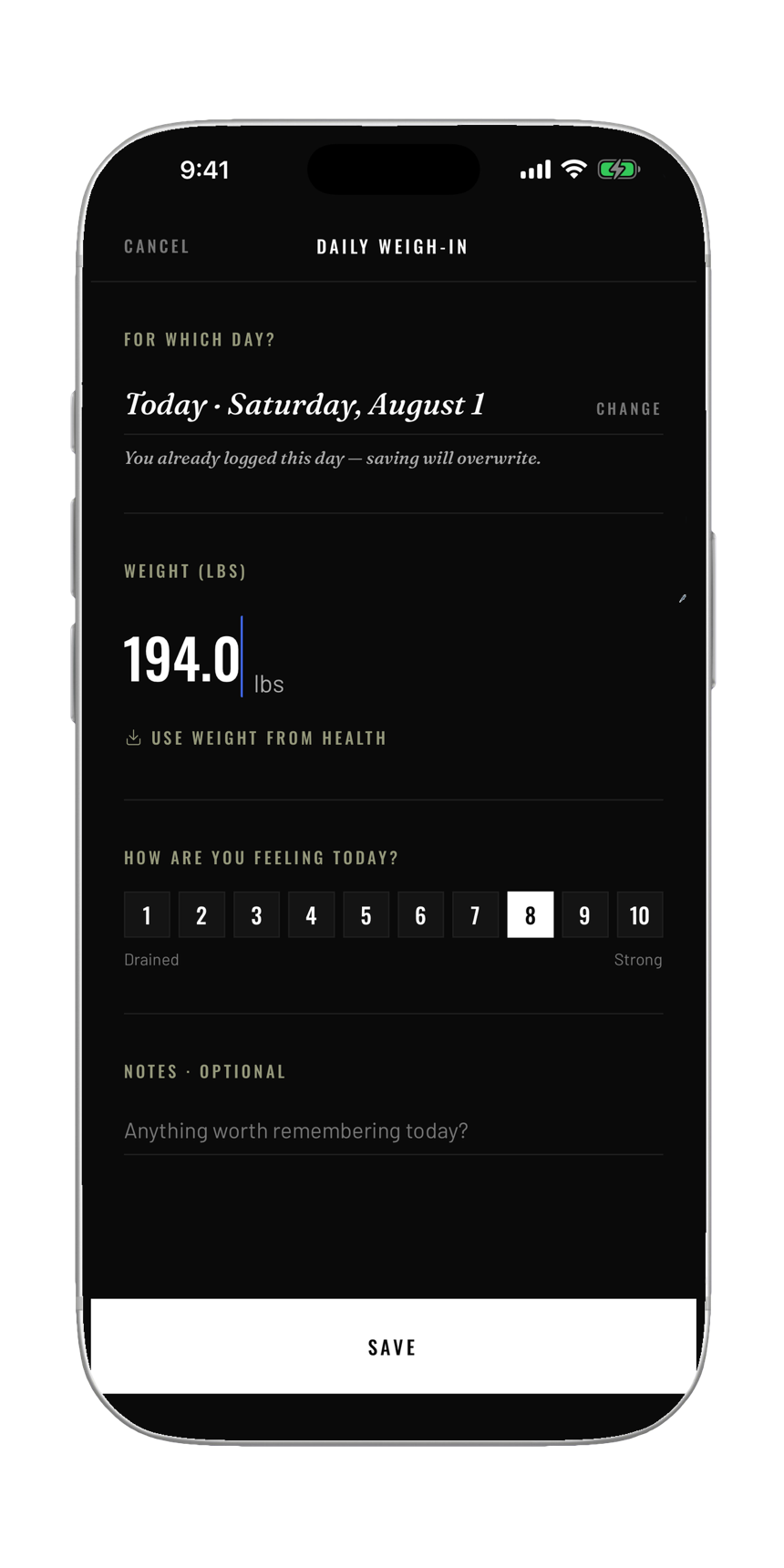The Refuel app on an iPhone: the daily weigh-in, weight and a feeling score
